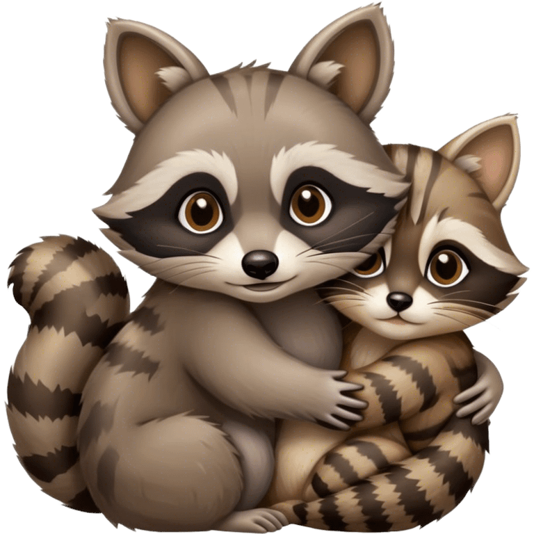 Raccoons hugging each other and a cute cat emoji