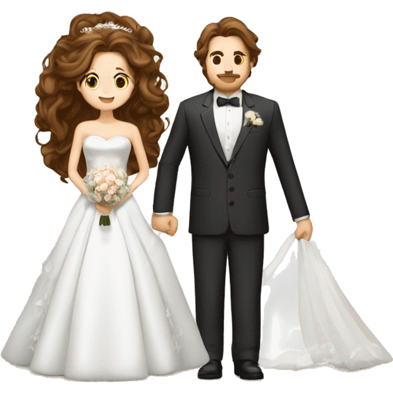 bride with brown long wavy hair, brown eyes, bride dress with sleeves. a tall groom with suit, yamaka emoji