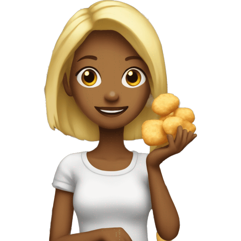 A blond girl eats potatoes and chicken nuggets emoji