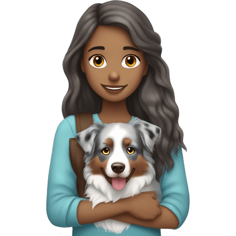 Girl with long brown hair holding blue merle Australian shepherd  emoji