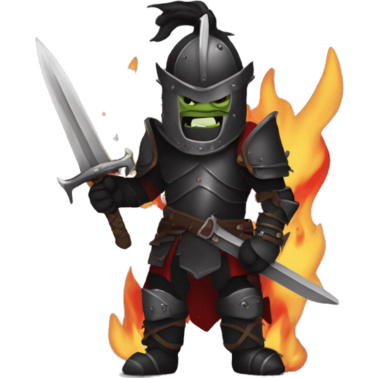 Orc black knight with night armor, sword with flames, Halloween theme, emoji emoji