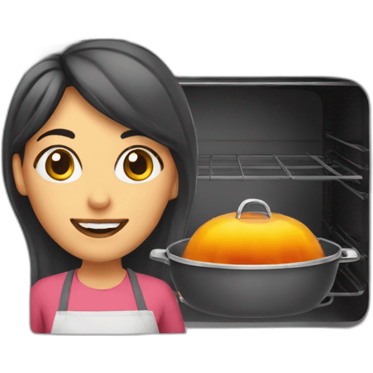 a woman with a kitchen potholder in front of an oven emoji