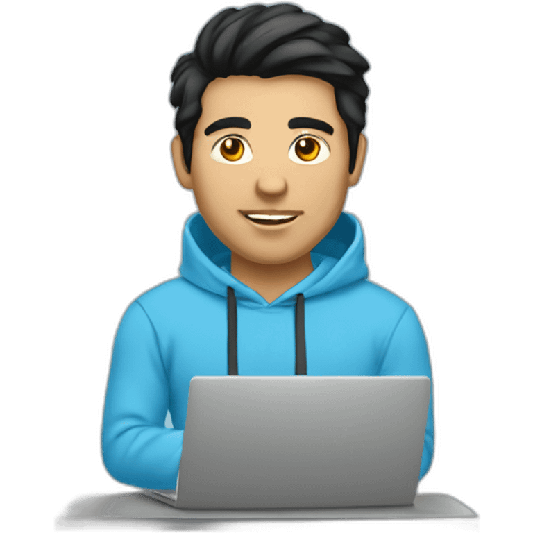 man without beard with sky blue hoodie with black hair working on laptop front view emoji