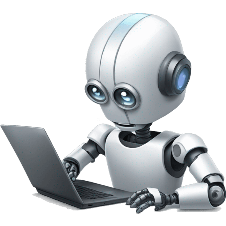 Robot escribiendo en computadora con lupa emoji