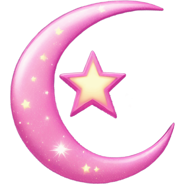 Pink sparkly crescent moon with star lights dangling  emoji