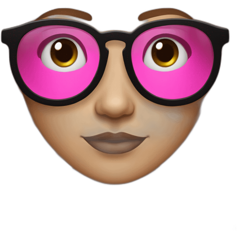 Mujer pelo negro largo con lentes rosa bajito, piel blanca y ojos negros tomando fotos de producto con su camara  emoji