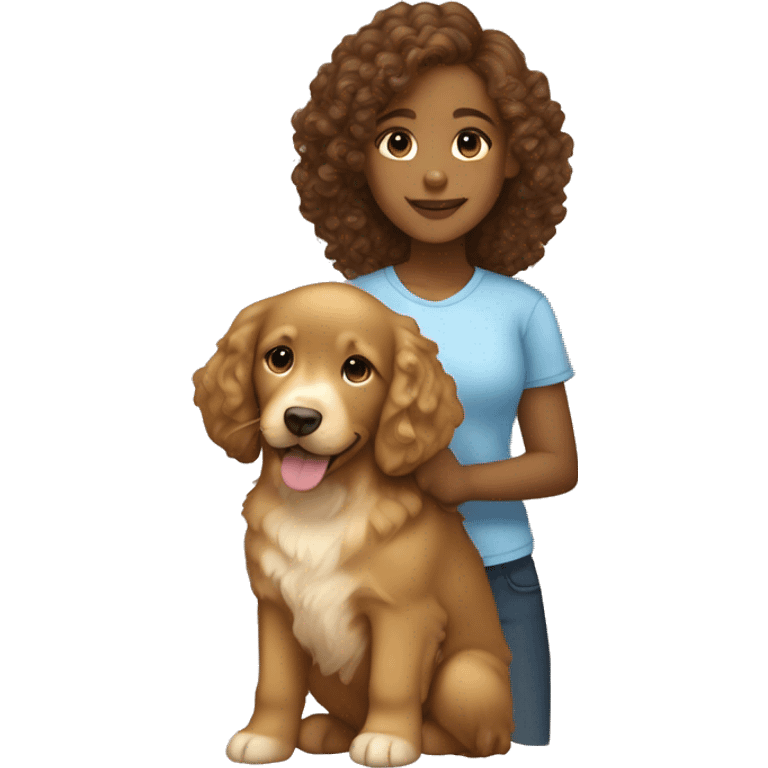 Light brown skinned girl with brown curly hair with a golden retriever puppy emoji