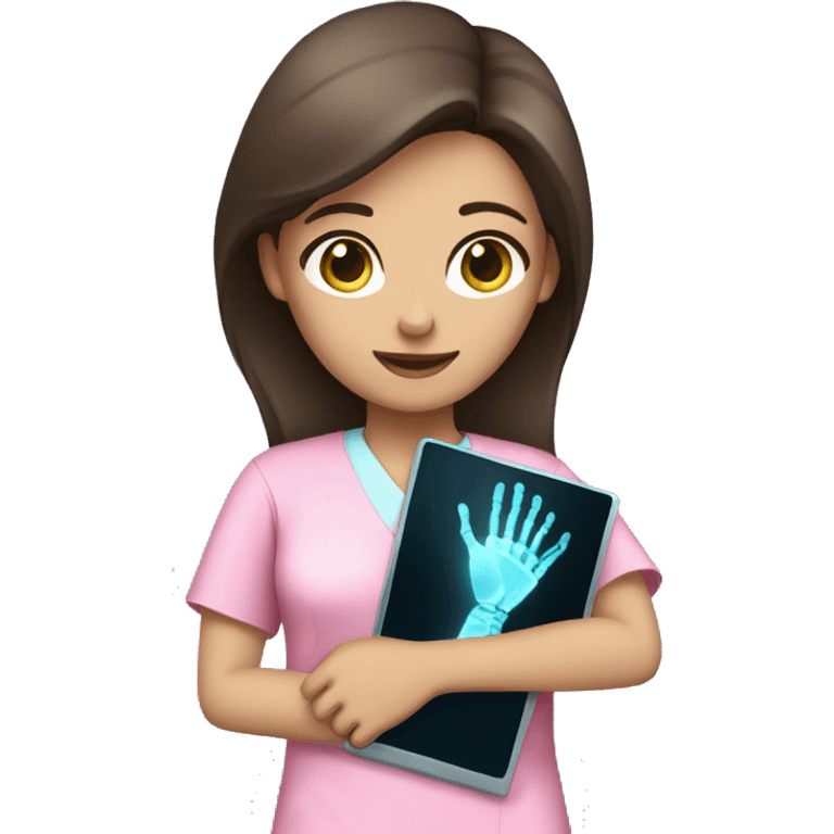 Brunette girl in pink scrubs holding an arm X-ray  emoji