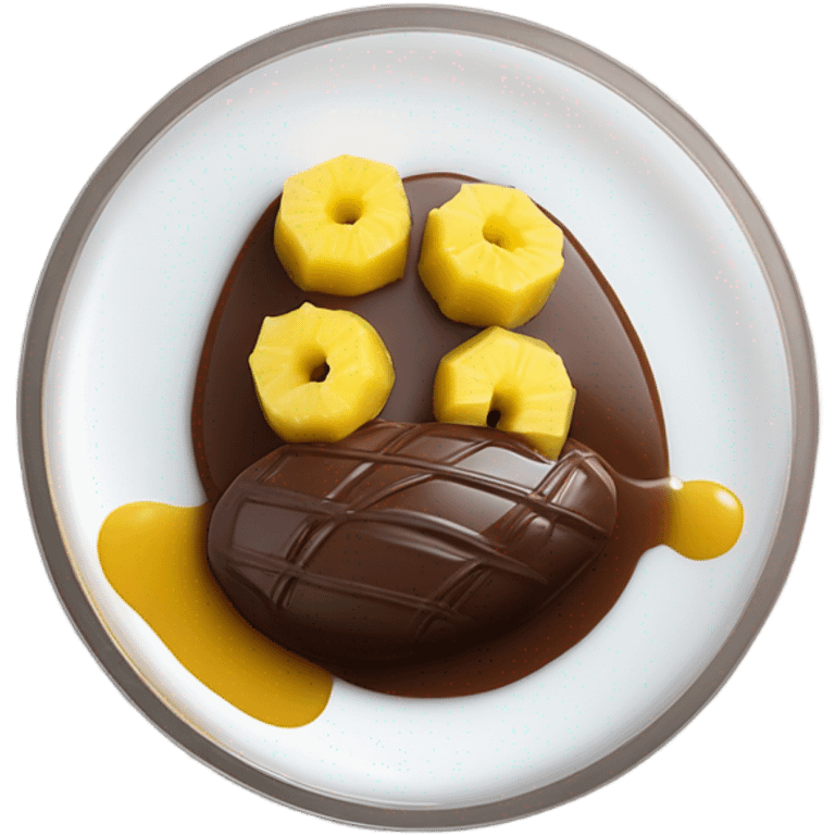 Chocolate and vanilla quenelle on glass plate with 3 drops of pineapple sauce emoji