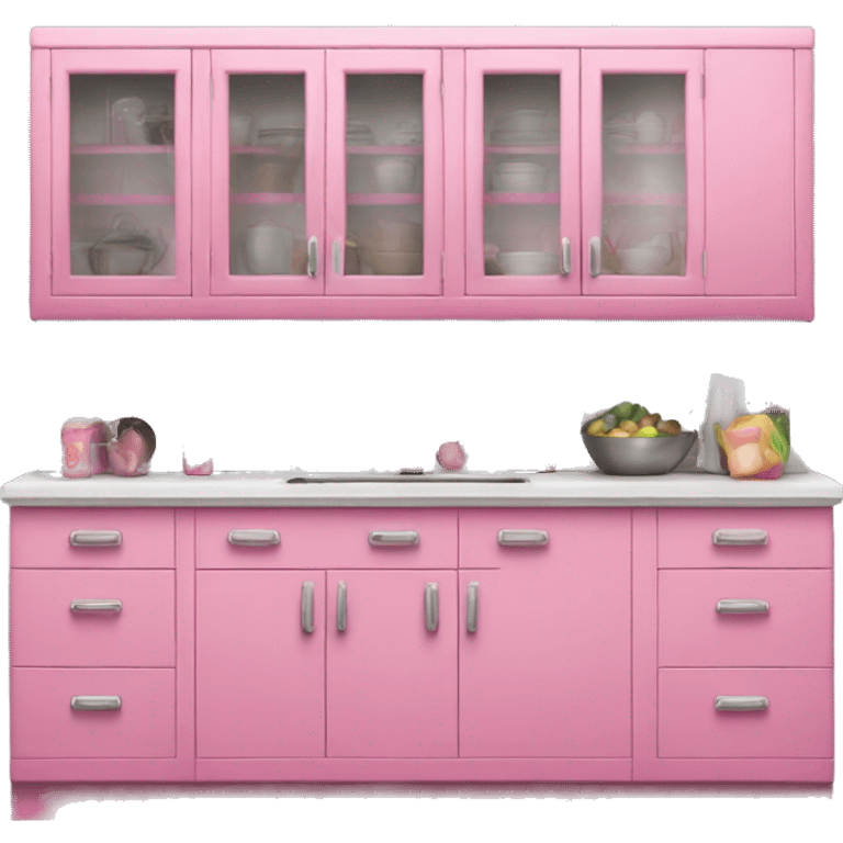 Realistic front facing bubblegum pink kitchen with hanging cabinets.  emoji