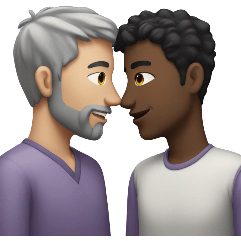 Two men kissing, one of the white with lavender hair and the other person is black with black hair  emoji