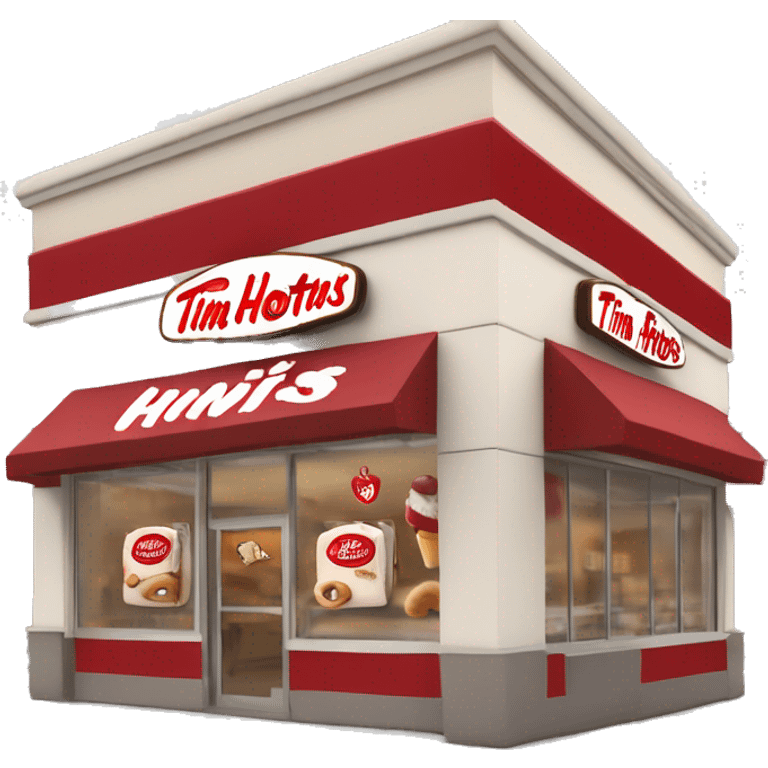 “Tim Hortons store with a red and white color scheme, featuring the classic Tim Hortons logo, a warm and welcoming design that represents a popular coffee and donut shop.” emoji