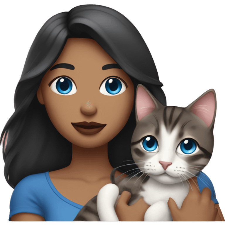 Woman with dark long hair, pink lips and blue eyes holding a tabby cat  emoji