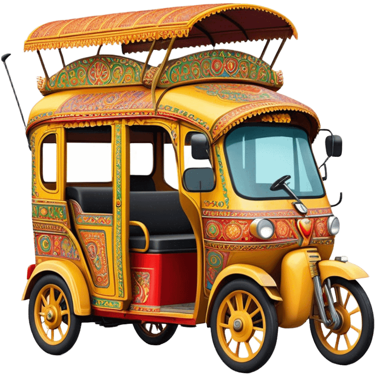 Cinematic Realistic Indian Auto Rickshaw Emoji, depicted as a colorful, bustling auto rickshaw with intricate designs and vibrant hues, rendered with lively textures and dynamic urban lighting that captures its quintessential presence in Indian cities. emoji