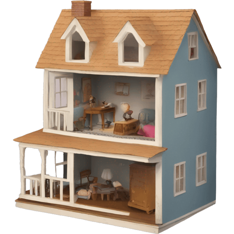 A broken-down dollhouse with a doll sitting inside,  emoji