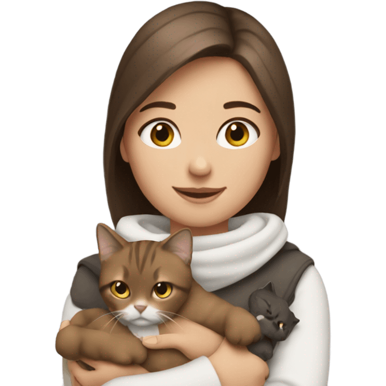 Girl with brown hair, holding 2 cats. One cat is brown & white. The other cat is grey & white.  emoji