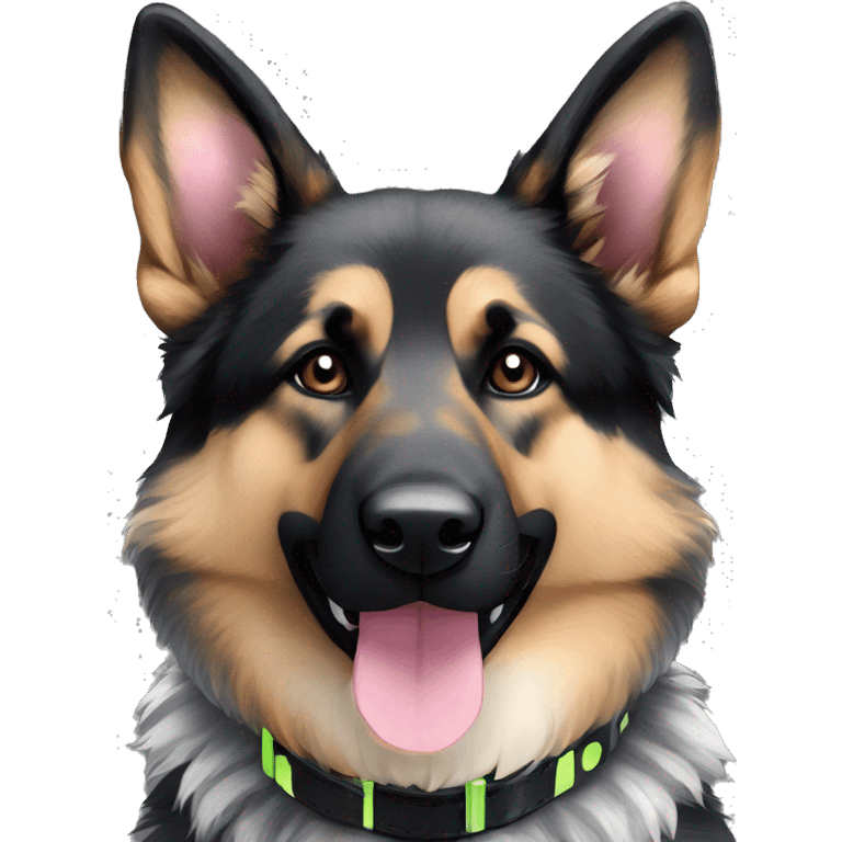  Black spotted brindle German shepherd husky fluffy ears and holographic harness running emoji