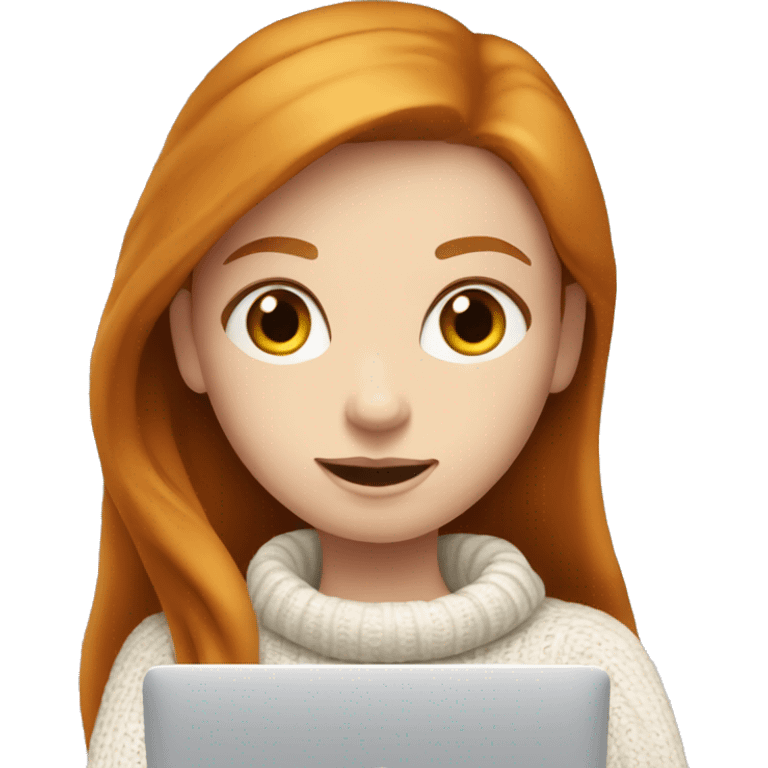 ginger girl with long hair and blue eyes in turtle neck white sweater working on a laptop emoji