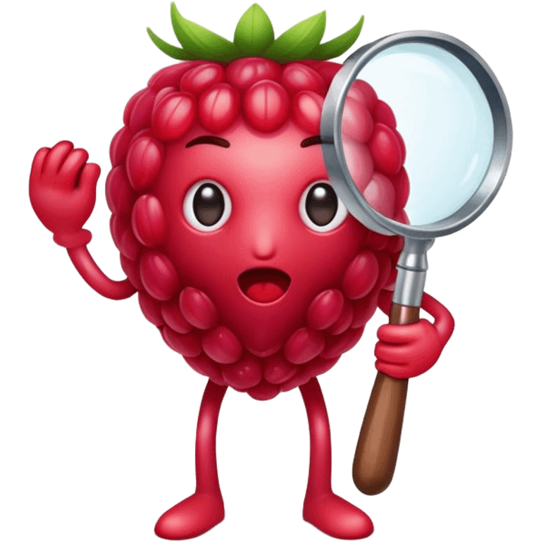 A faceless raspberry holding a magnifiyng glass emoji