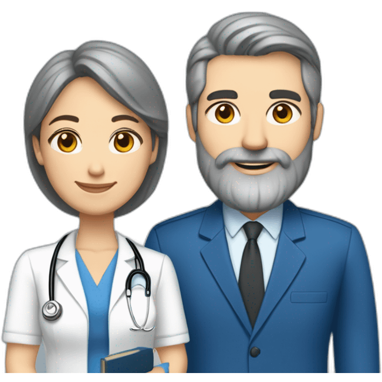 husband classy caucasian 55 dark gray hair trimmed beard wearing blue business suit and holding bible, with wife asian age 55 dark hair nurse uniform, no children emoji