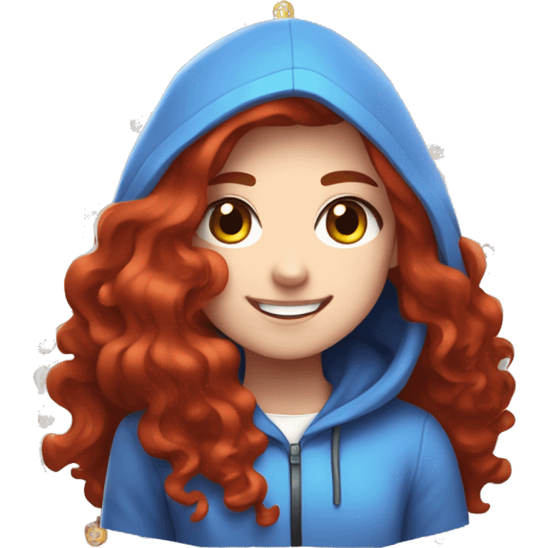 a white girl with long red curly hair and freckles, wearing periwinkle Minecraft hoodie playing a videogame smiling emoji