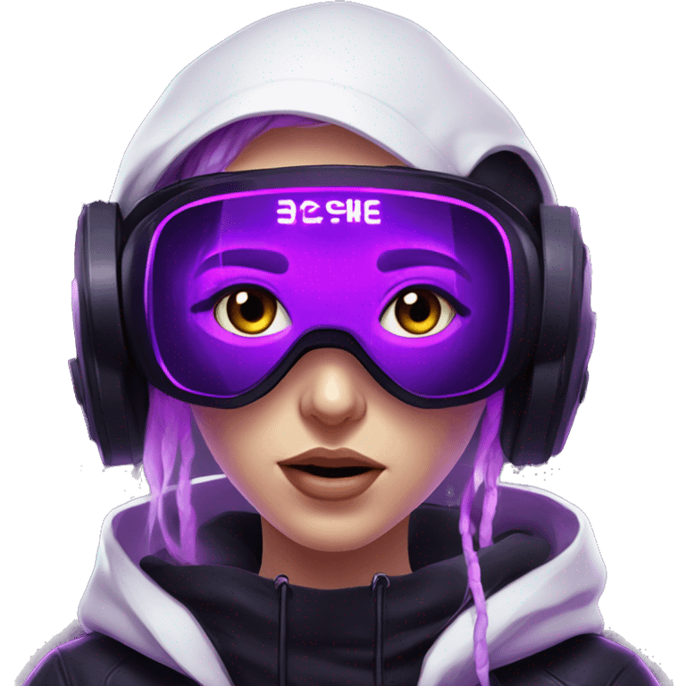 Russian girl wearing black hoody with violet letters "OMG", in vr headset. Cyberpunk style. Violet neon. emoji