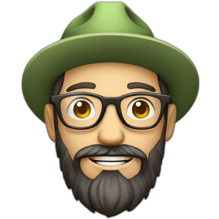 full body of an happy gardener face long dark beard and short dark hair with little transparent glasses and a hat emoji