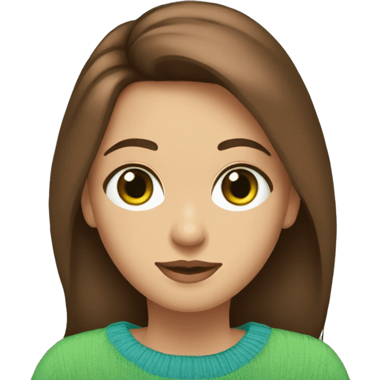 Fille au cheveux brun et au yeux vert marron avec un pull bleu emoji