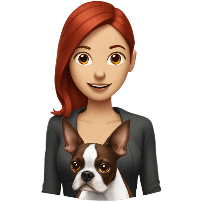 Brown Boston Terrier with red headed woman  emoji