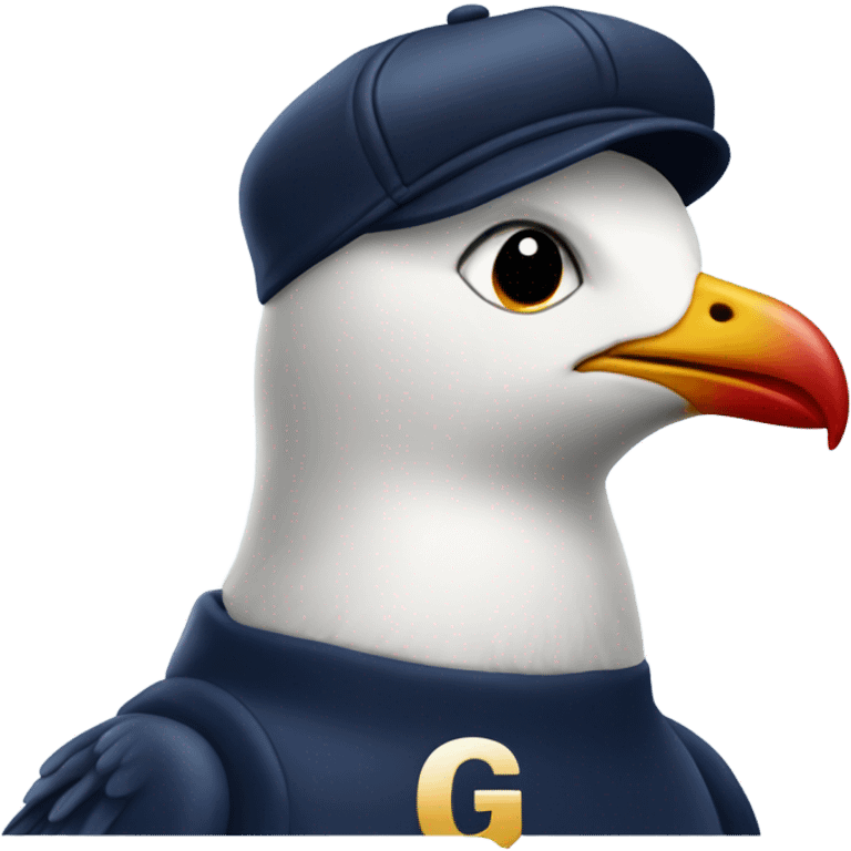 Seagull with wearing navy ballcap emblazoned with a red G initial emoji