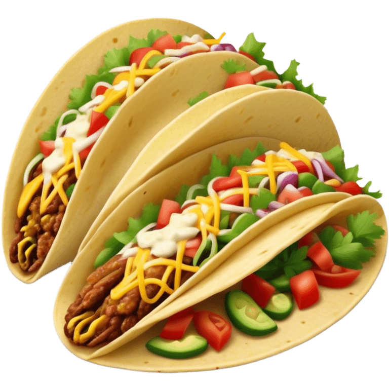 Cinematic vibrant tacos, warm soft shells filled with flavorful meats, fresh vegetables, cheese, and zesty salsa, colorful and lively, ultra-detailed and appetizing. emoji