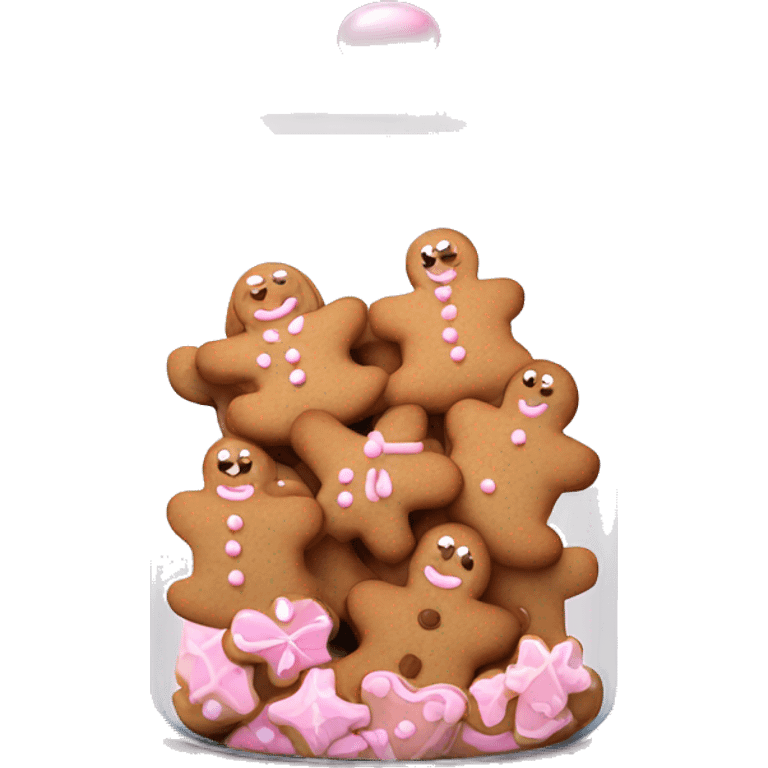 Realistic glass cookie jar with light pink lid full of gingerbread cookies isolated.  emoji