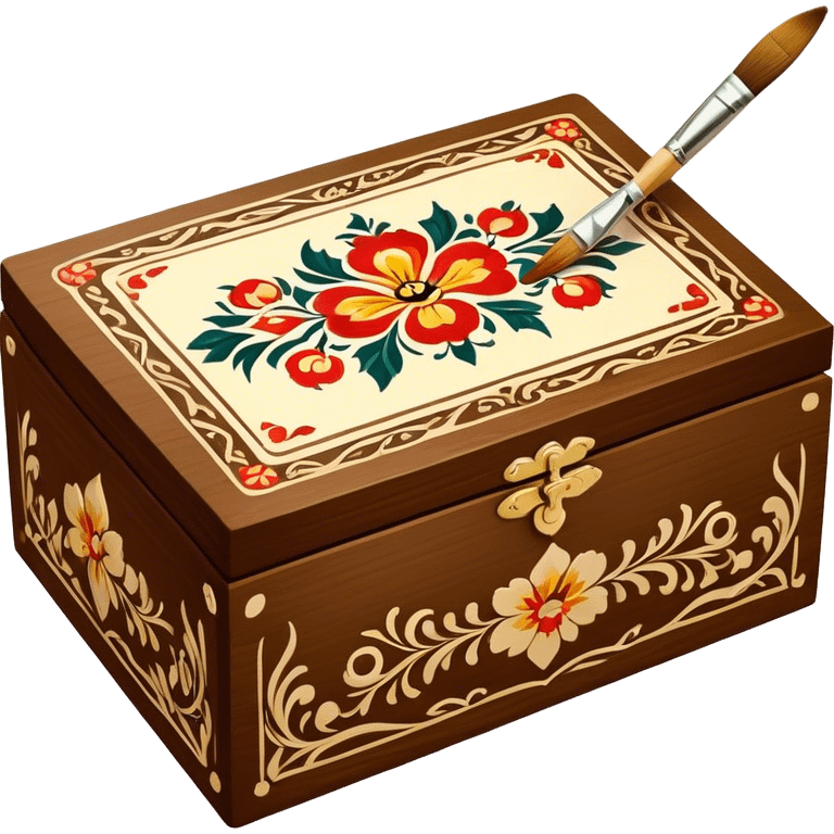 Wooden box painting icon, traditional Russian Palekh or Khokhloma patterns being painted on a wooden box, paintbrush and fine details visible, the box in the process of decoration, visible tools like brushes and paints, minimalistic style, clean lines, transparent background. emoji