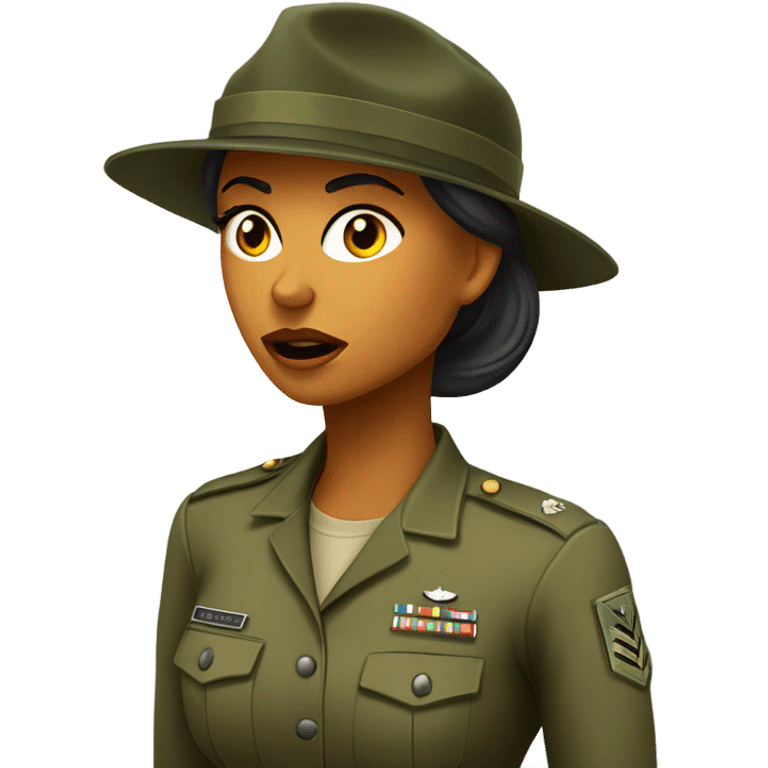 a female drill sergeant showing full torso wearing a classic sergeant hat and a camouflage army shirt. The character should have an angry intense expression.  emoji