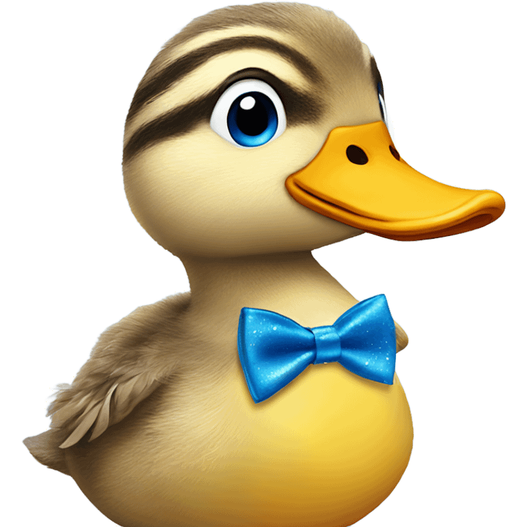 a duckling with blue eyes, Rosey cheeks, and has a blue, sparkling/glittery tie on emoji