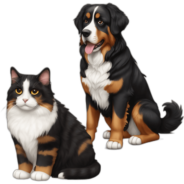 A Bernese dog beside A tortoiseshell cat without white emoji