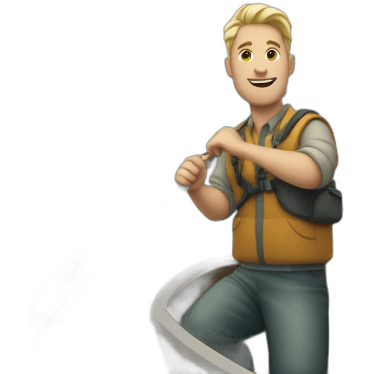 White man on a boat heading right with a fishing rod with a huge hook emoji