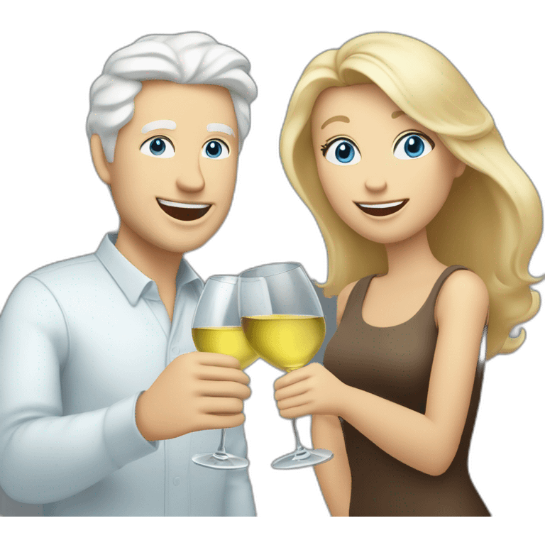 white man with blue eyes and grey hair toasting with a white wine together with white woman with brown eyes and blond hair and a white wine emoji