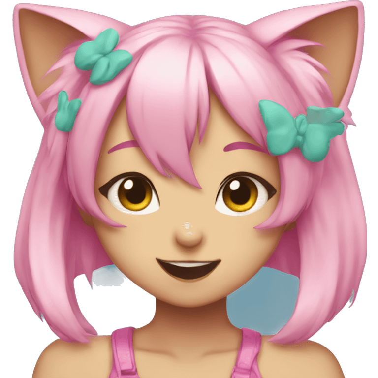 Anime cat girl face pink hair giving peace sign emoji