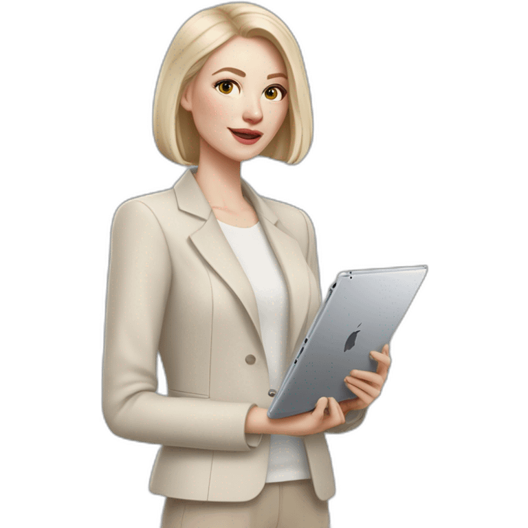 pale skin woman with ash blonde Straightened bob Hair, White Spacious classical jacket, beige palazzo Arrow pants and gray blouse holding a IPad Pro 12.9” in the hands emoji