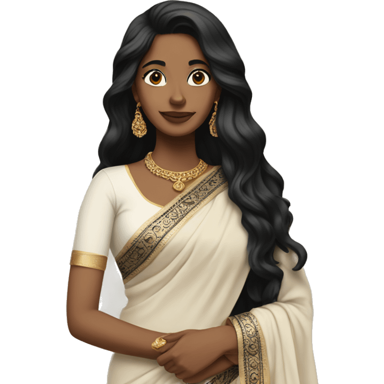  beige skin ;Black long hair wearing white saree emoji