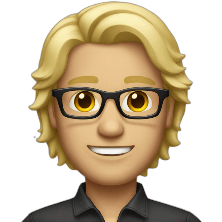 a man with blond hair with black glasses with small smile emoji