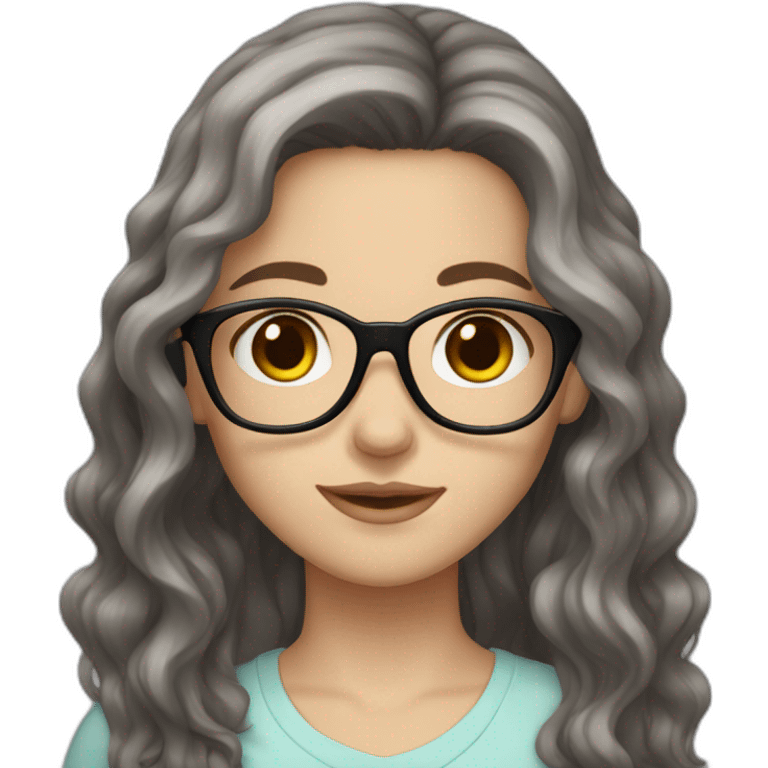 White Girl with wavy dark brown long hair, brown eyes and glasses emoji