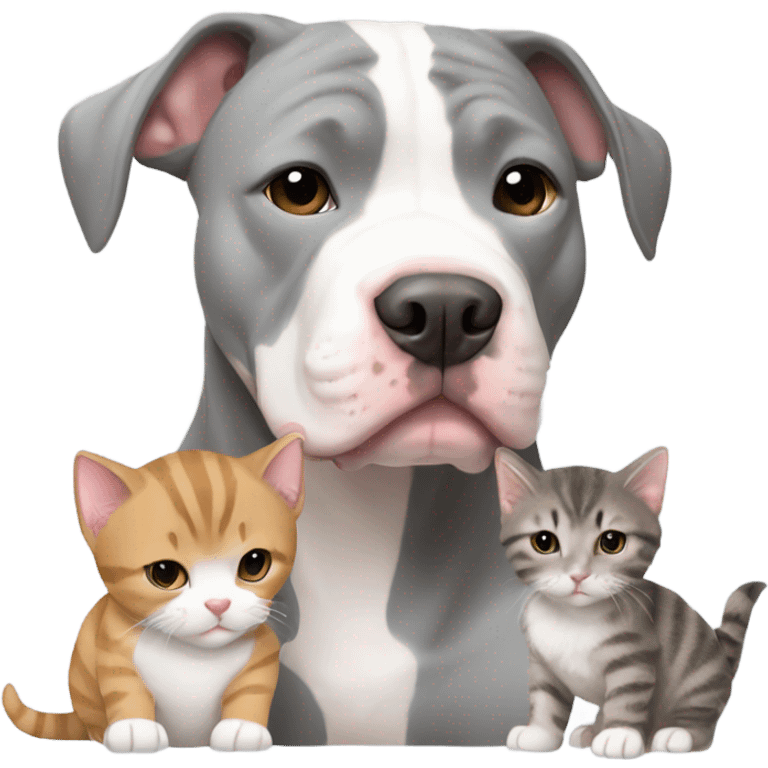 Grey and white pit bull with 2 tabby kittens cuddling emoji