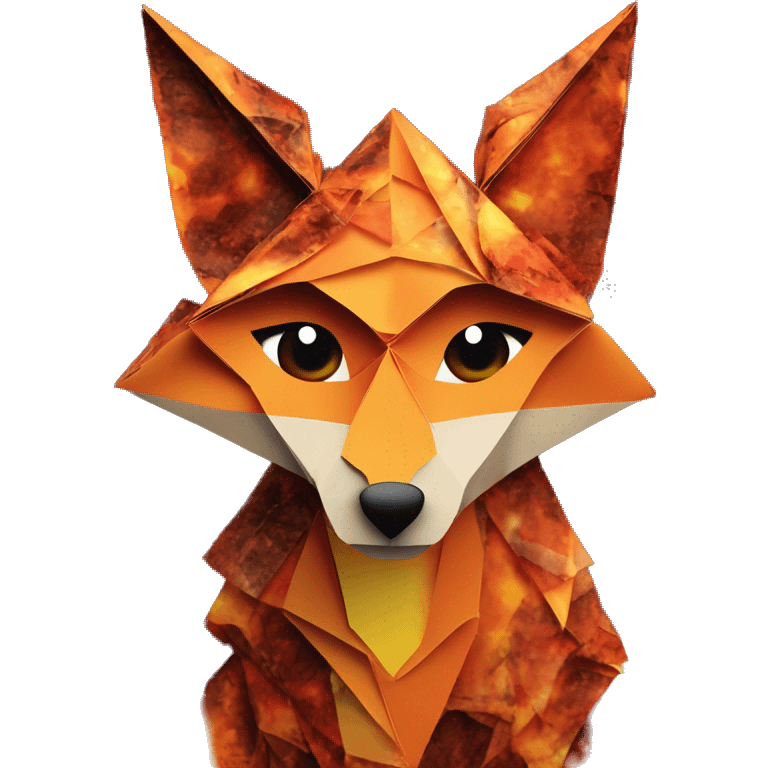 Charred flaming fiery Origami fox made of newspapers on fire letters on fire burnt paper surrounded by fairy lights swirls covered in dried thorns bokeh vines fire flames emoji