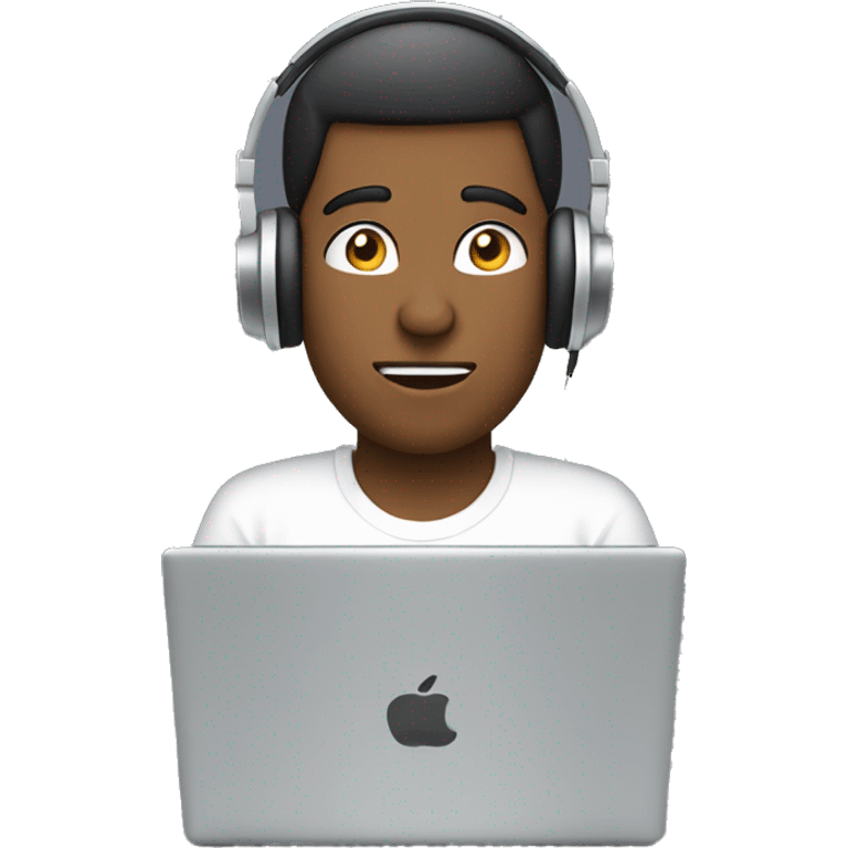 man in headphones talking hold laptop and phone only upper part of body  emoji