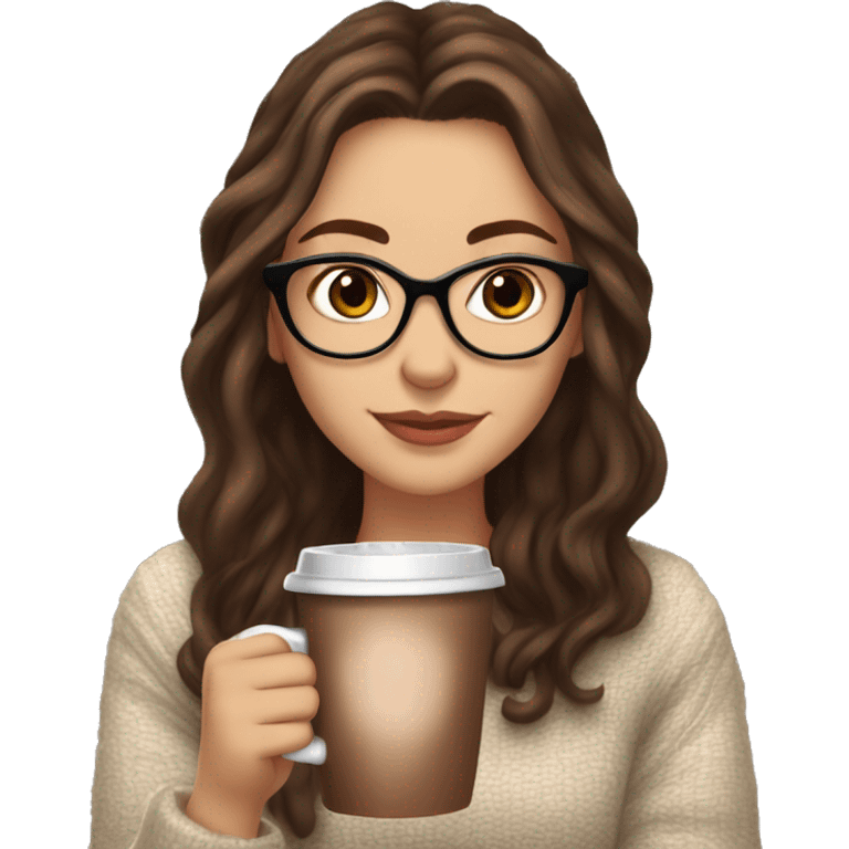 White girl with long brown hair and wearing glasses brown eyes and long lashes drinking hot cocoa with both hands looking cozy emoji