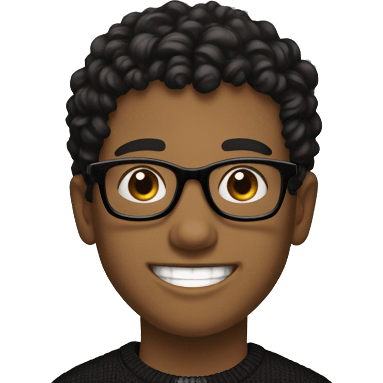 a young brown boy, black glasses, smiling, white teeths, curly black hair, black pullover, laptop in front of him emoji