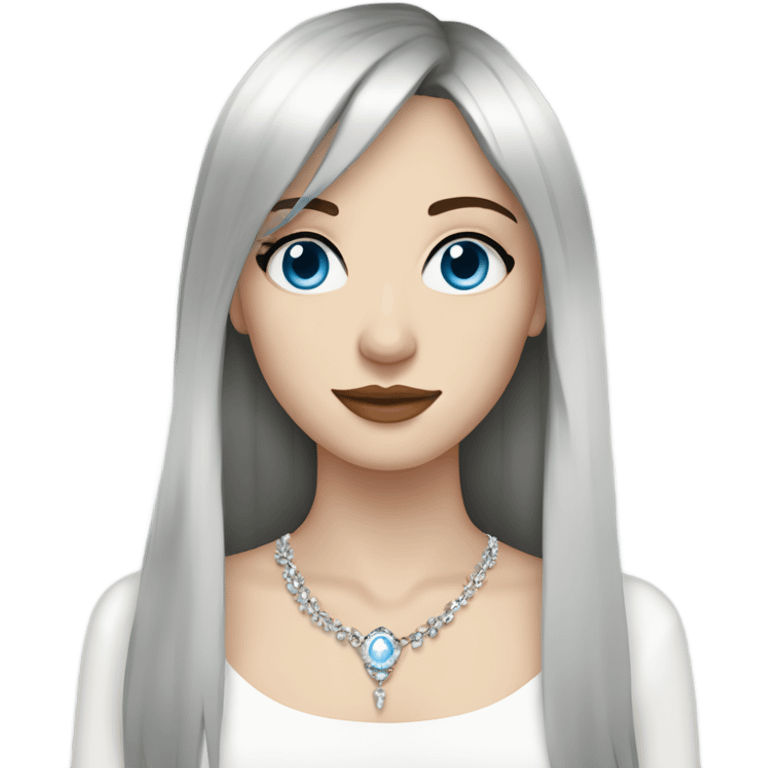 woman with pale skin, blue eyes and long dark brown hair with layers and fringe bangs, wearing a white top and silver jewellery emoji