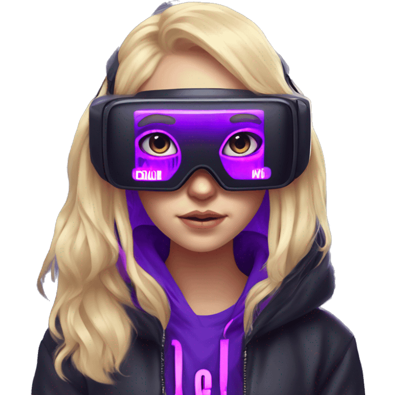 Russian cute blond girl wearing black hoody with violet letters "OMG", in vr headset. Cyberpunk style. Violet neon. emoji